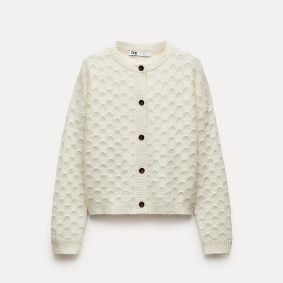 Zara Wool and Alpaca Blend Disc Knit Cardigan in Ecru - Picture 3 of 14